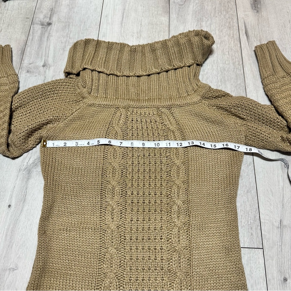 Onetheland Tan Cable Knit Cowl Neck Sweater Dress Cozy Boho Long Sleeve Fall - Picture 2 of 6